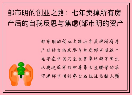 邹市明的创业之路：七年卖掉所有房产后的自我反思与焦虑(邹市明的资产)